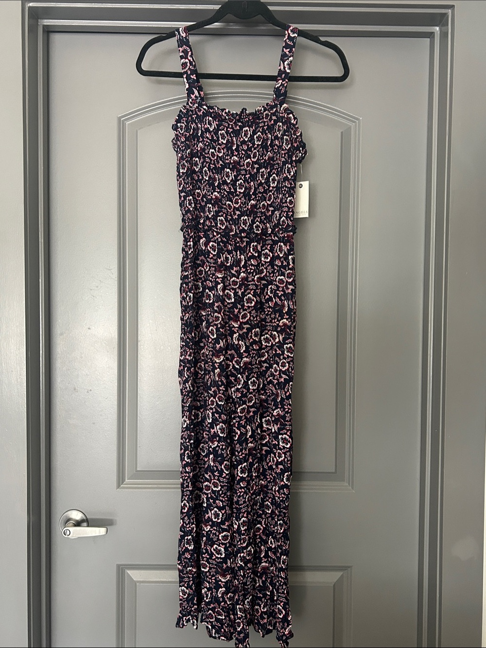 Angels Navy Floral Smocked Wide-Leg Jumpsuit with Red Accents